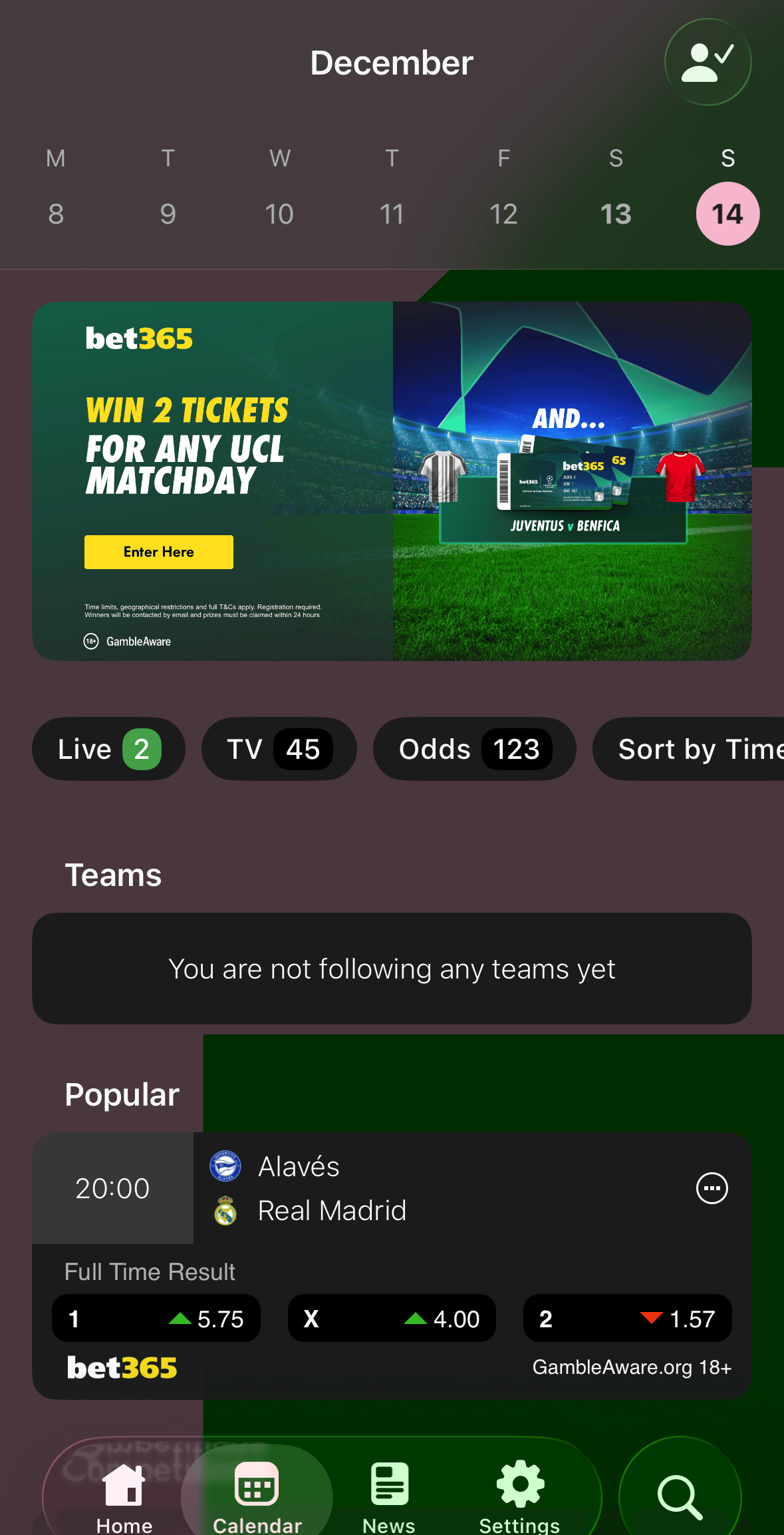 A football app with betting odds on every match